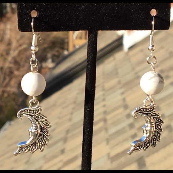White Howlite Crescent Moon Dangle Earrings - Picture 7 of 9